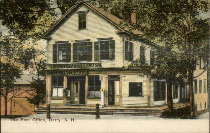 Derry NH Post Office Drugstore Apthecary c1905 Postcard 