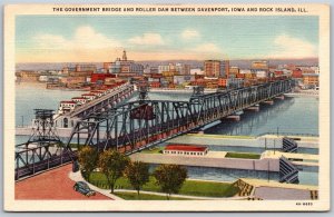 Vtg Goverment Bridge & Roller Dam Davenport IA Rock Island Illinois IL Postcard