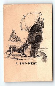 c1880 A BUT-MENT GOAT MAN BINOCULARS CLIFF SIDE RAMMING COMEDY TRADE CARD P1953