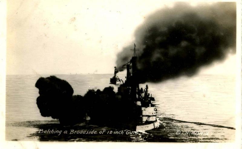 USS New Hampshire, 1916, Belching a broadside of 12-inch guns - RPPC