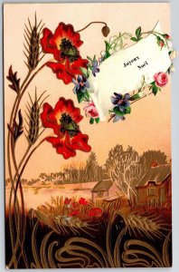 Greetings, Red Poppies, Homes & Joyeux Noel, Holiday Season, Vintage Postcard