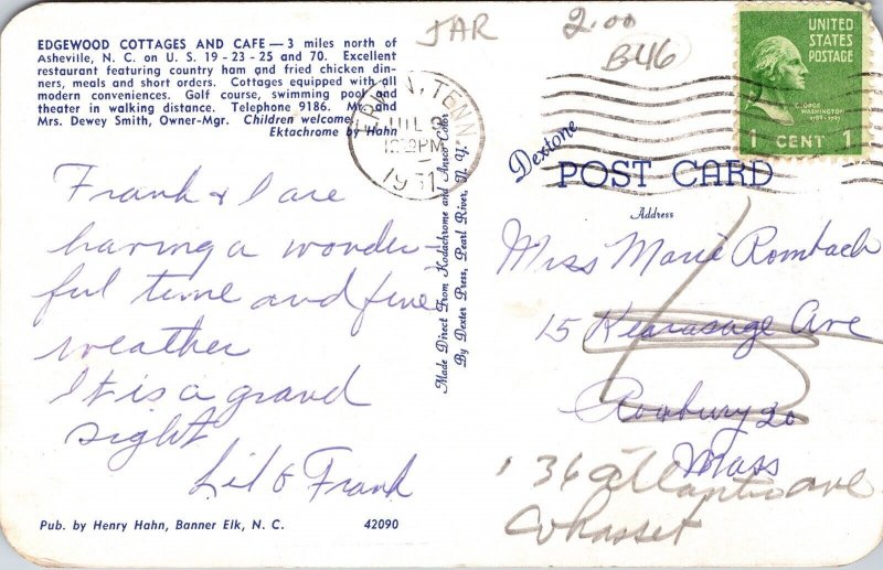 Edgewater Cottages Cafe Asheville NC North Carolina Postcard PM Erwin