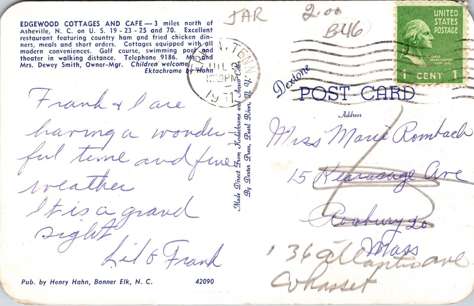 Edgewater Cottages Cafe Asheville NC North Carolina Postcard PM Erwin