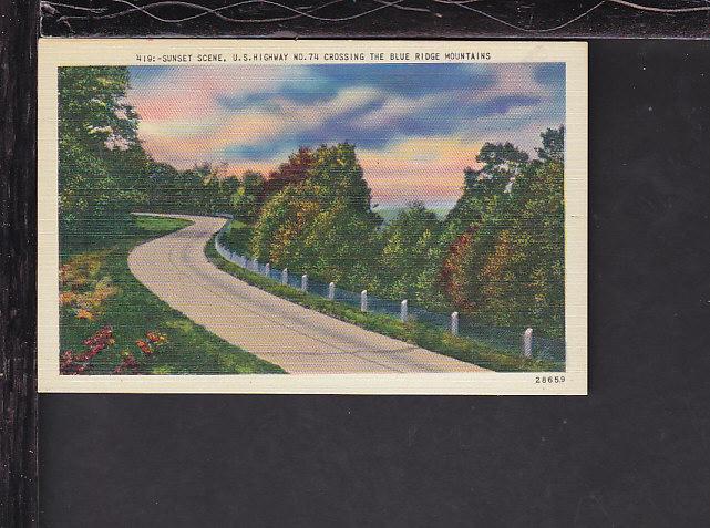 Sunset Scene,US Highway 74,Blue Ridge Mountains Postcard 