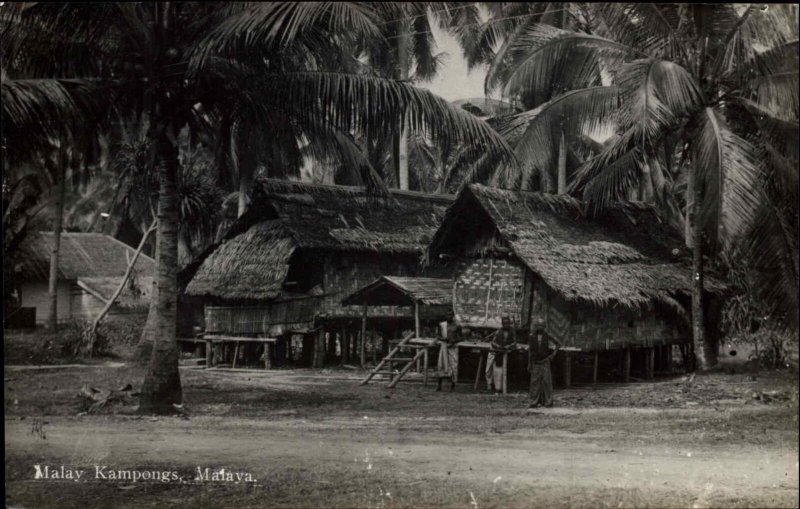 Malay Kampongs Malaya Thatch Roof Homes c1920 Real Photo Postcard