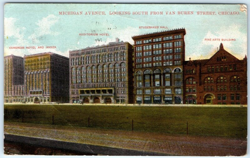 c1910s Chicago, IL Michigan Ave from Van Buren Street Litho Photo Postcard A82