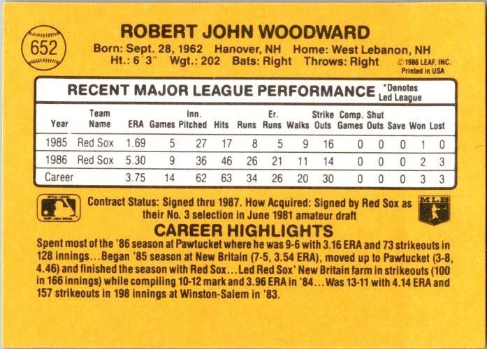 1987 Donruss Baseball Rob Woodward Boston Red Sox sk20287