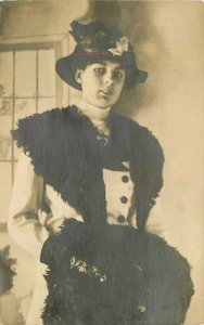 1912 Woman Hat Furs Muff Fashion RPPC Photo Postcard interior 21-2671