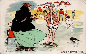 Caught By The Tide Woman Man H. Cowham Tuck Seaside Postcard G16