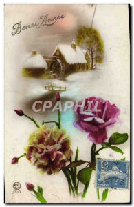 Old Postcard Happy New Year Flowers