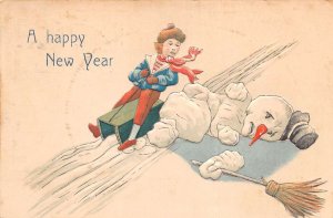 New Year Greetings Boy on Sled Destroying Snowman Vintage Postcard AA84029