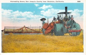 G76/ Stockton California Postcard c1910Steam Tractor Harvesting Farmers