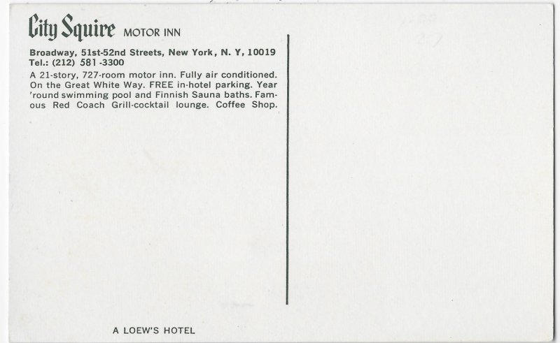 City Squire Motor Inn Hotel On Broadway Between 51st & 52nd New York City