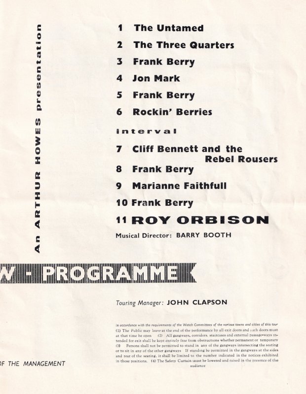 The Roy Orbison Show Vintage Marianne Faithfull Cliff Richard Concert Programme