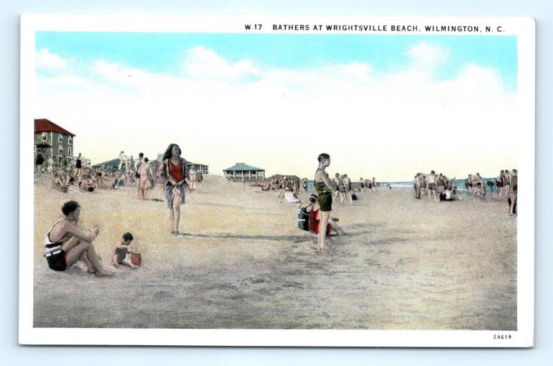 Postcard NC Wilmington Beach Bathers at Wrightsville Beach c1930s I8