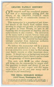 1937 Graves Family History Media Research Bureau Washington DC Postal Card