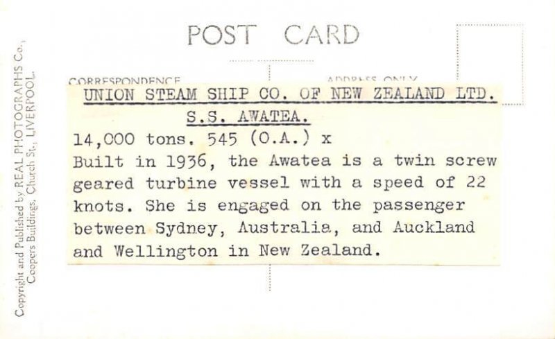 SS Awatea Union SS Co Writing on back, missing stamp 