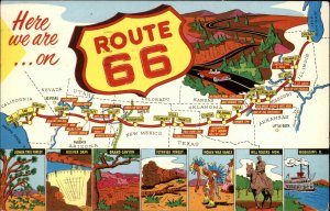 Route 66 Map Across US States  Famous Landmarks c1950s-60s PC
