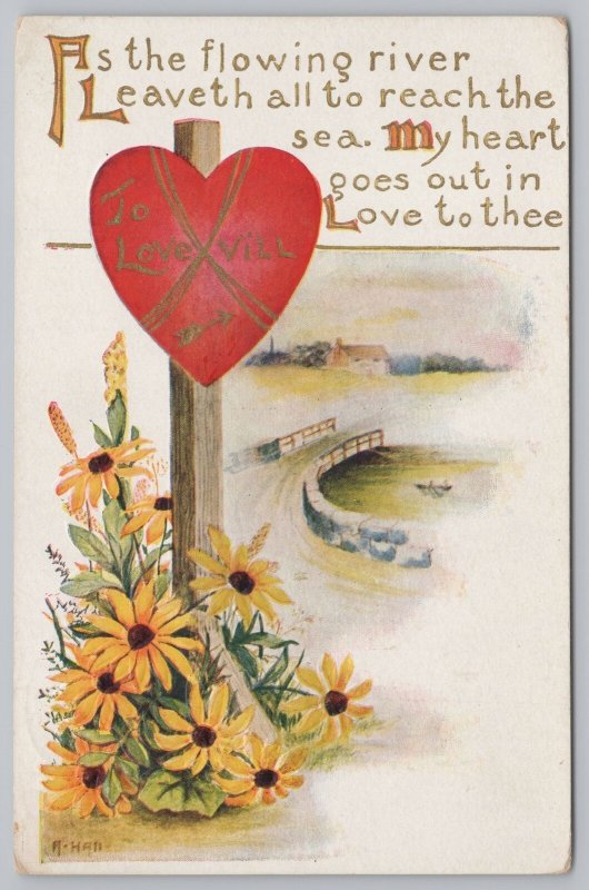 Holiday~Sunflowers & Heart On Post As Flowing River Leaveth B&W~Vintage Postcard 