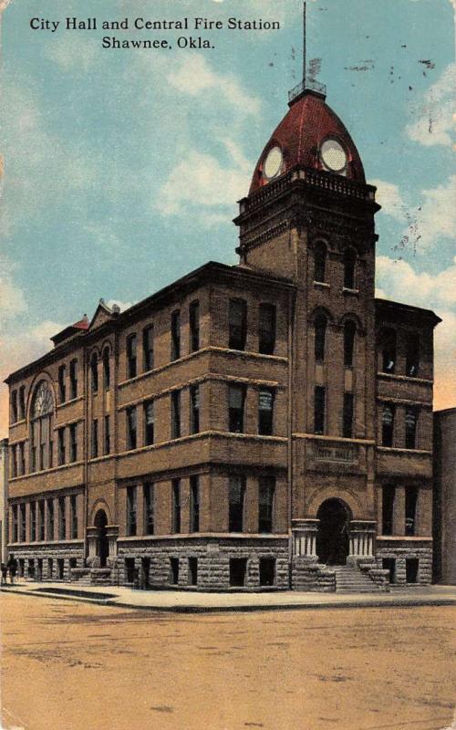 Shawnee Oklahoma City Hall And Central Fire Station Antique Postcard K12921