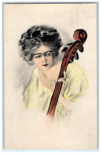 c1910's Pretty Woman With Guitar Hand Drawn Cello Artist Signed Antique Postcard