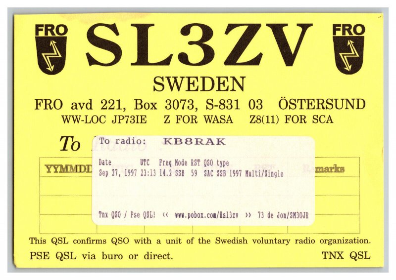 Postcard QSL CB Ham Radio Amateur Card From Ostersund Sweden SL3ZV 