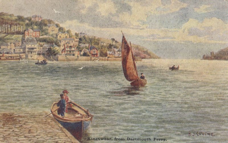 Kingswear From Dartmouth Ferry Old Ship Oilette Postcard