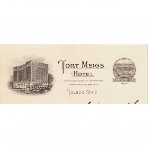 1929 - Fort Meigs Hotel Letterhead Envelope Toledo Ohio Detailed Engraving