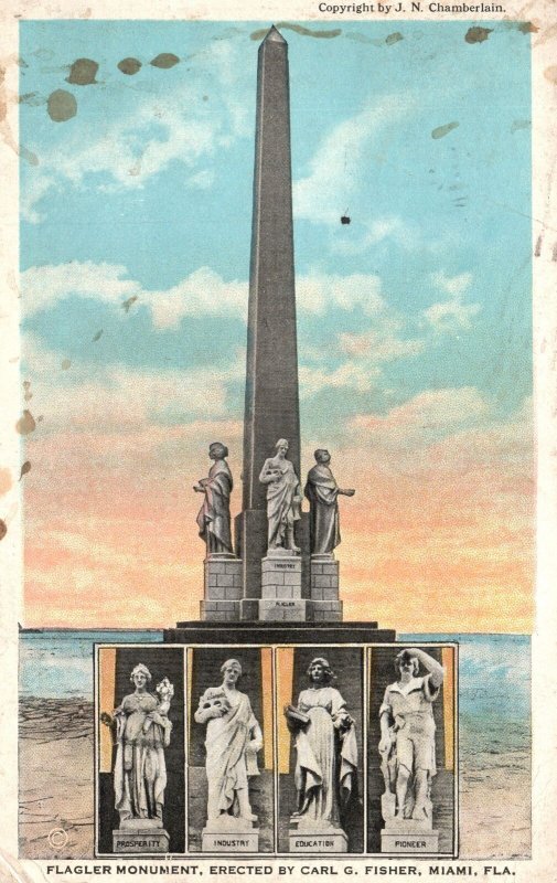 Vintage Postcard 1924 Flagler Monument Erected  by Carl G. Fisher Miami Florida