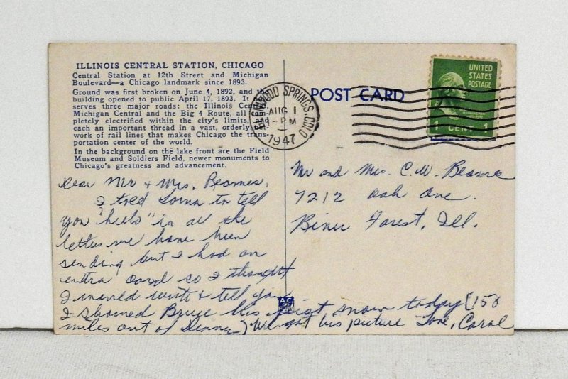 Illinois Central Station, Chicago - Postcard