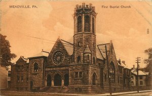 MEADVILLE PA FIRST BAPTIST CHURCH PEACOCK SERIES SEPIA POSTCARD c1908