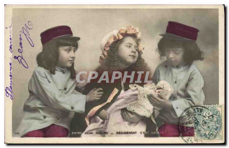 Old Postcard Fun Children Doll Between two hearts Decidedly c & # 39est left