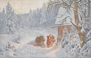 US3597 Christmas Snowy Forest Cabin Winter Postcard artist signed