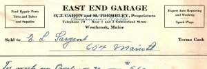 c1920 WESTBROOK ME EAST END GARAGE FORD REPAIRS OJ CARSON BILLHEAD INVOICE Z1161