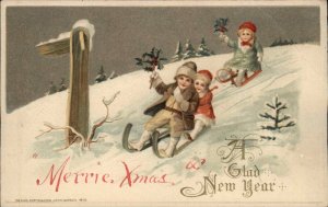 Winsch Christmas Cute Kids Children Sledding c1910 Vintage Postcard