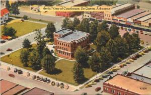 Linen Postcard; Aerial View of Court House, De Queen AR Sevier County Unposted