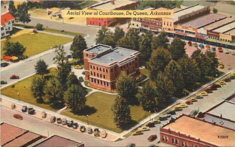 Linen Postcard; Aerial View of Court House, De Queen AR Sevier County Unposted