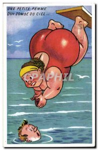 Postcard Old Humor Strong Woman A woman falling from the sky