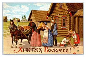 Village Scene Христос Воскресе Happy Easter Serbian UNP Chrome Postcard  I20