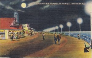 Ocean City NJ, Boardwalk by Moonlight, Night View, Ice Cream & Candy Shop, 1940s