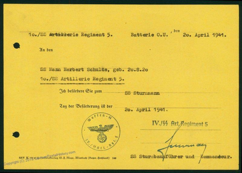 3rd Reich Germany Waffen SS 5th Art Regt Member File 73163