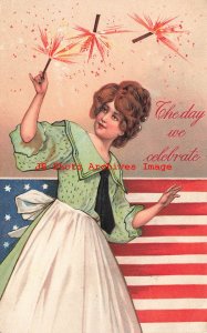 July 4th, PFB No 8252-3, Woman with Flag Tossing Firecrackers