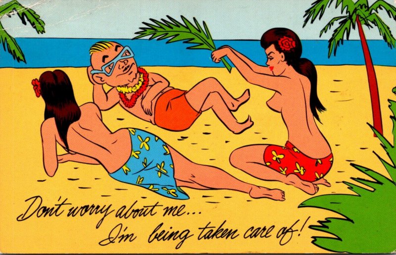 Humour Man On Beach With Topless Girls Don't Worry About Me I'm Bei...