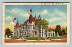 Saginaw MI, Historic 1898 US Post Office Building, Linen Michigan c1958 Postcard