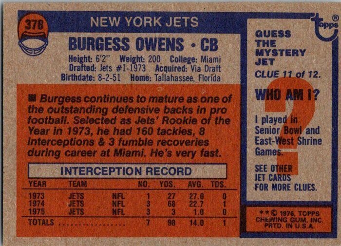 1976 Topps Football Card Burgess Owens New York Jets sk4388