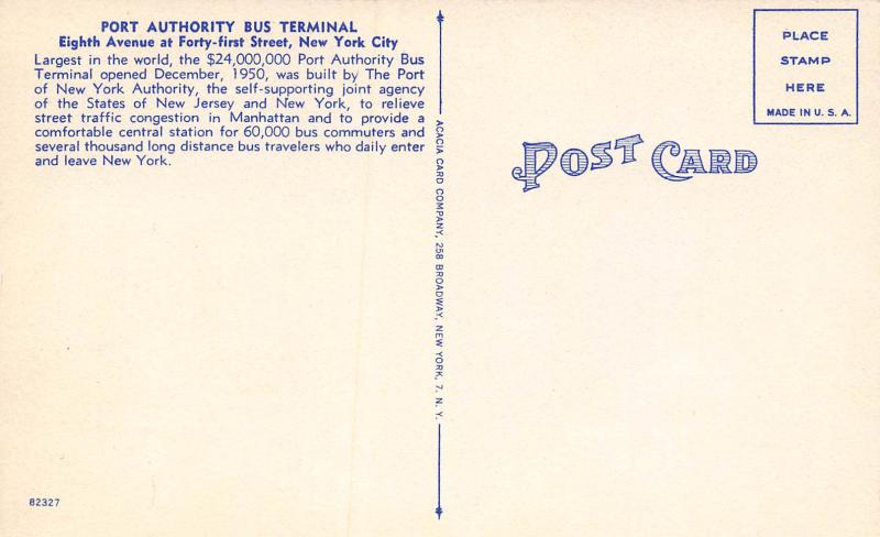 Port Authority Bus Terminal, New York City, N.Y., Early Postcard, Unused