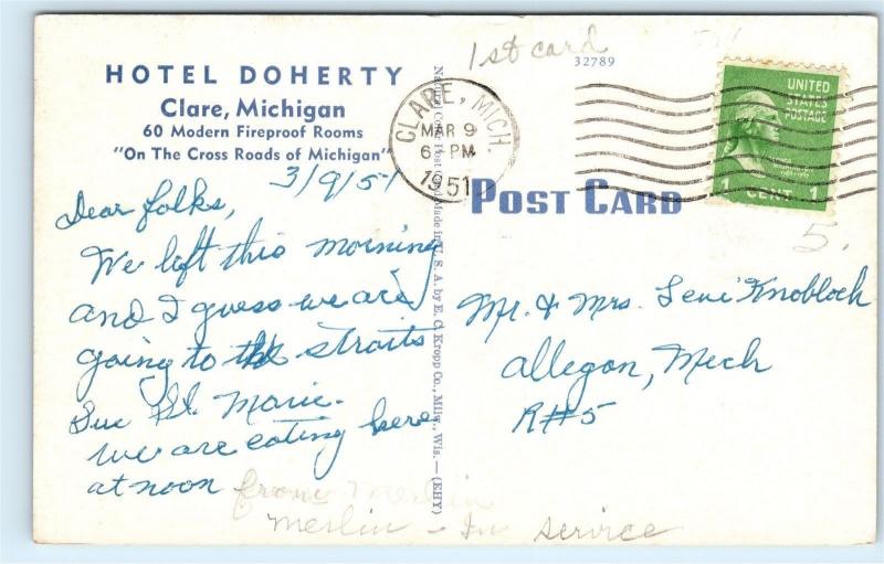 1950s The Doherty Hotel Clare Michigan MI Vintage Postcard B19