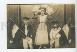 462414 FRANCE Home Theatre SAILORS w/ Flag FAN Vintage REAL PHOTO postcard