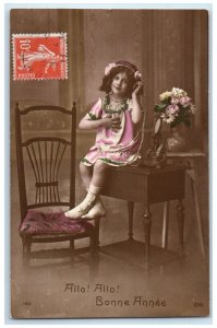 c1910's New Year Bonne Anne Talking Telephone RPPC Photo Antique Postcard