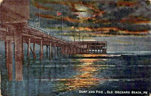 OLD ORCHARD BEACH MAINE~SURF & PIER-MOONLIGHT NIGHT VIEW~1910s POSTCARD